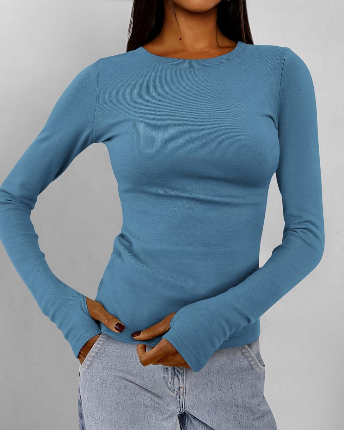 imageBTFBM Womens Tops 2025 Fall Outfits Long Sleeve Shirts Crewneck Work Blouses Stretchy Slim Fit Going Out Top WorkoutGrey Blue
