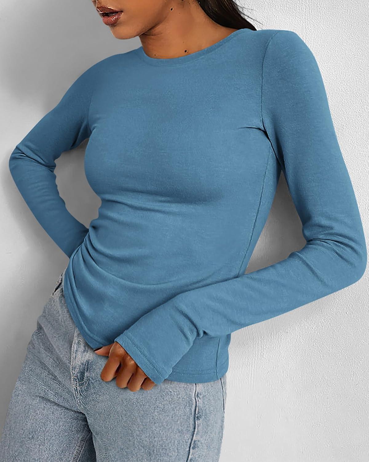 imageBTFBM Womens Tops 2025 Fall Outfits Long Sleeve Shirts Crewneck Work Blouses Stretchy Slim Fit Going Out Top WorkoutGrey Blue