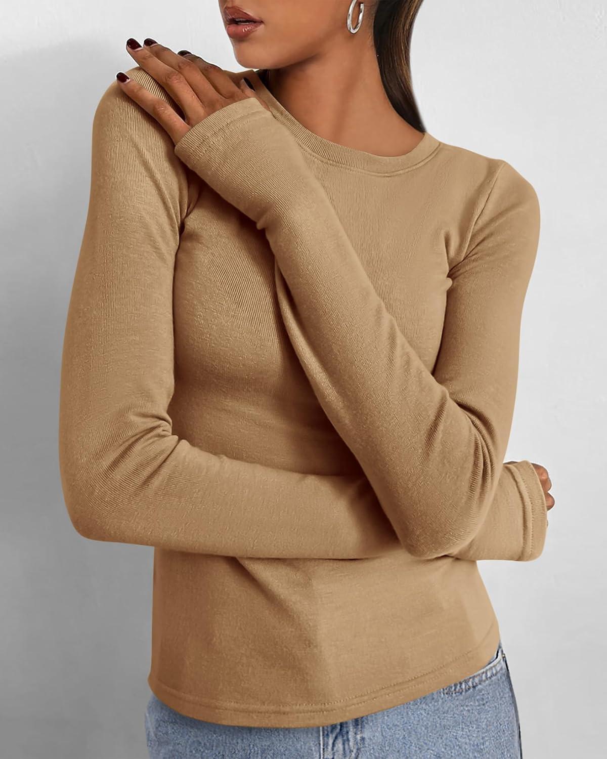 imageBTFBM Womens Tops 2025 Fall Outfits Long Sleeve Shirts Crewneck Work Blouses Stretchy Slim Fit Going Out Top WorkoutKhaki