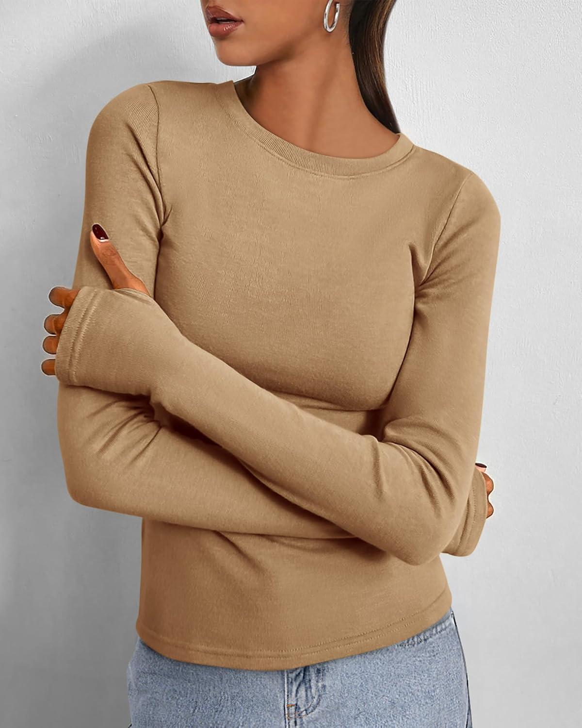imageBTFBM Womens Tops 2025 Fall Outfits Long Sleeve Shirts Crewneck Work Blouses Stretchy Slim Fit Going Out Top WorkoutKhaki