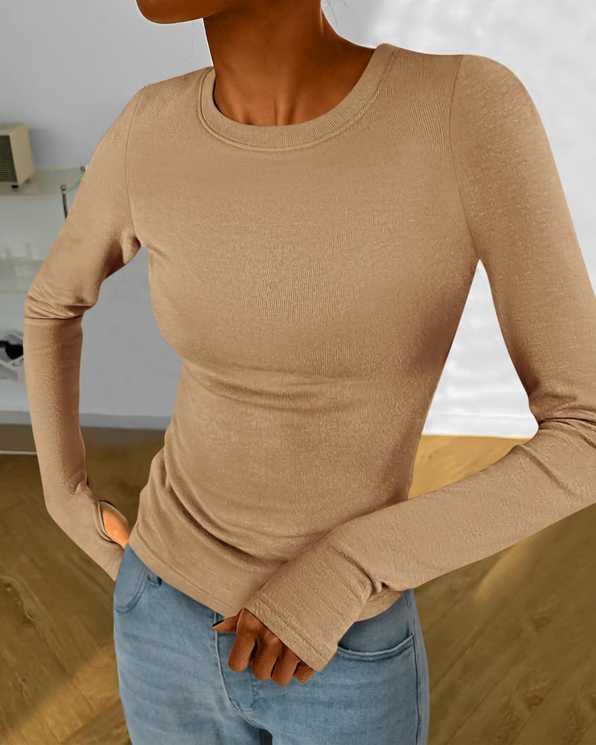 imageBTFBM Womens Tops 2025 Fall Outfits Long Sleeve Shirts Crewneck Work Blouses Stretchy Slim Fit Going Out Top WorkoutKhaki