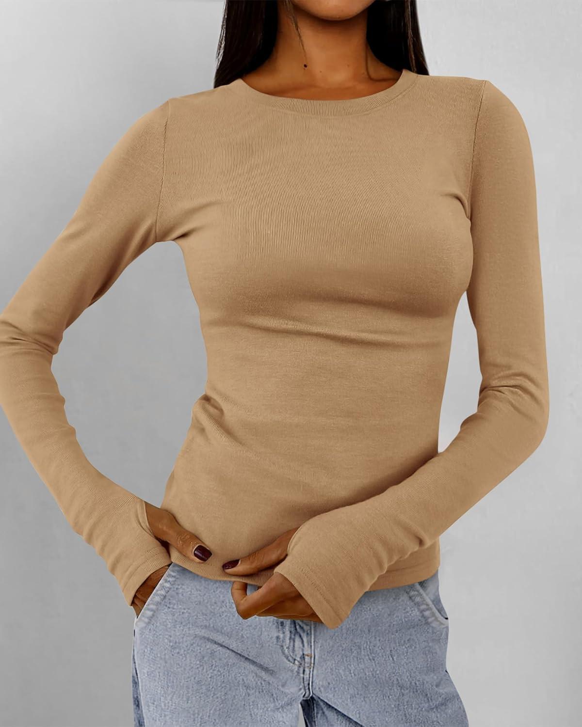 imageBTFBM Womens Tops 2025 Fall Outfits Long Sleeve Shirts Crewneck Work Blouses Stretchy Slim Fit Going Out Top WorkoutKhaki