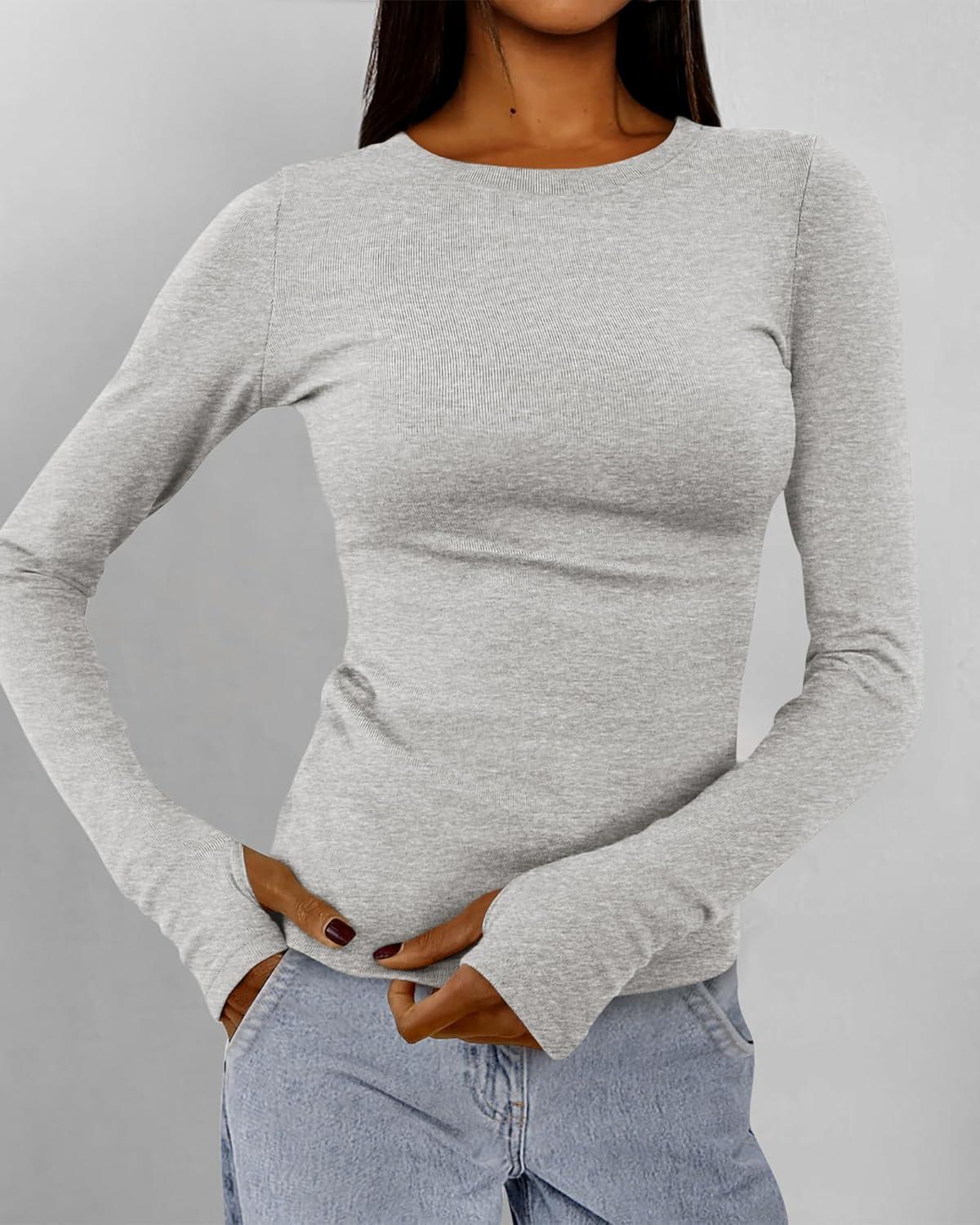 imageBTFBM Womens Tops 2025 Fall Outfits Long Sleeve Shirts Crewneck Work Blouses Stretchy Slim Fit Going Out Top WorkoutLight Grey