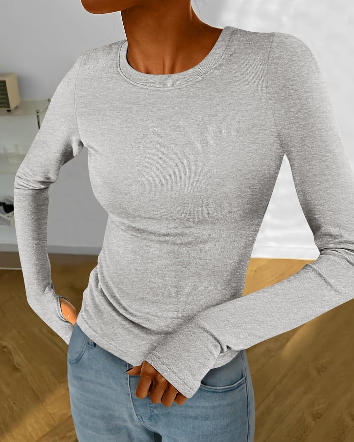 imageBTFBM Womens Tops 2025 Fall Outfits Long Sleeve Shirts Crewneck Work Blouses Stretchy Slim Fit Going Out Top WorkoutLight Grey