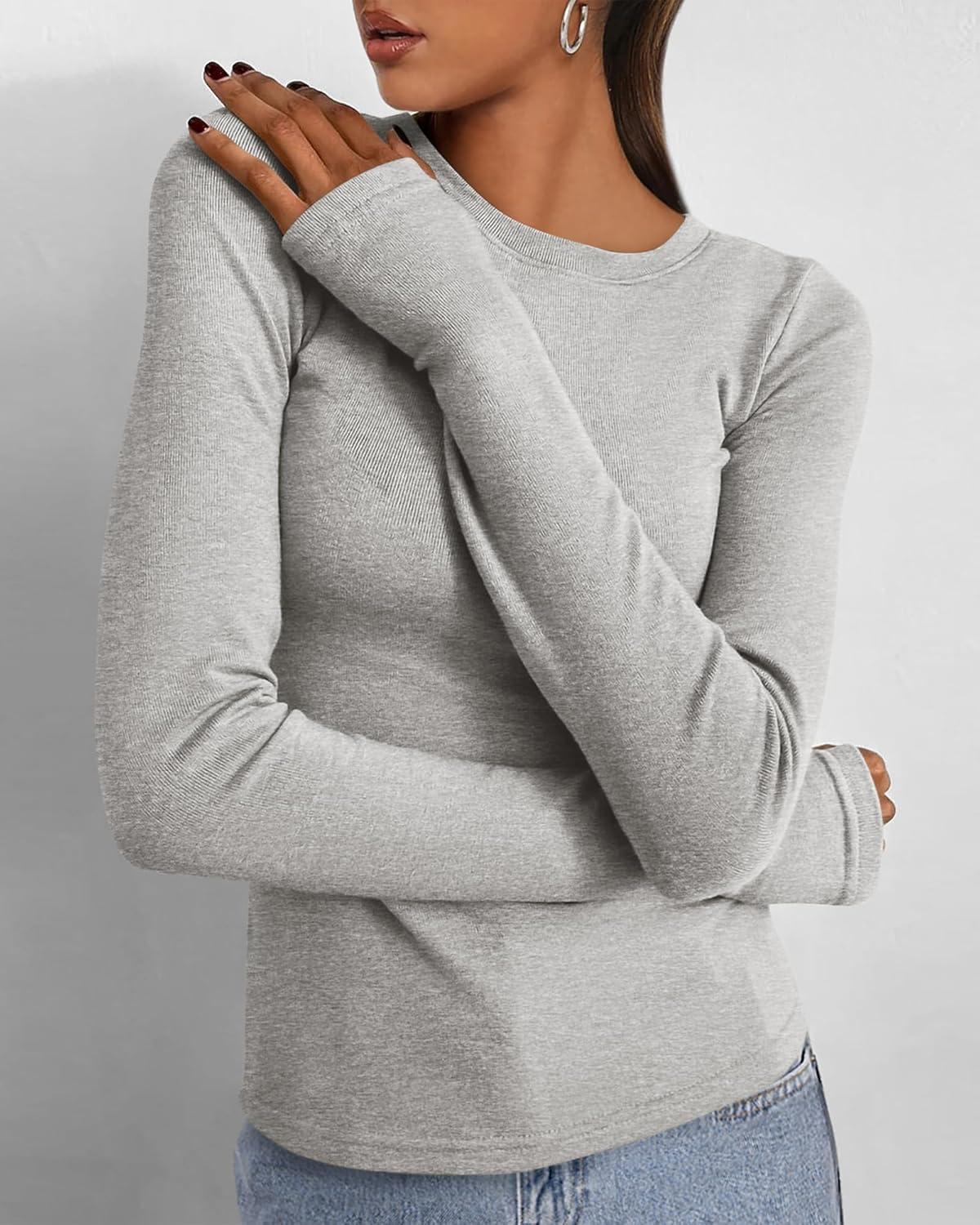imageBTFBM Womens Tops 2025 Fall Outfits Long Sleeve Shirts Crewneck Work Blouses Stretchy Slim Fit Going Out Top WorkoutLight Grey