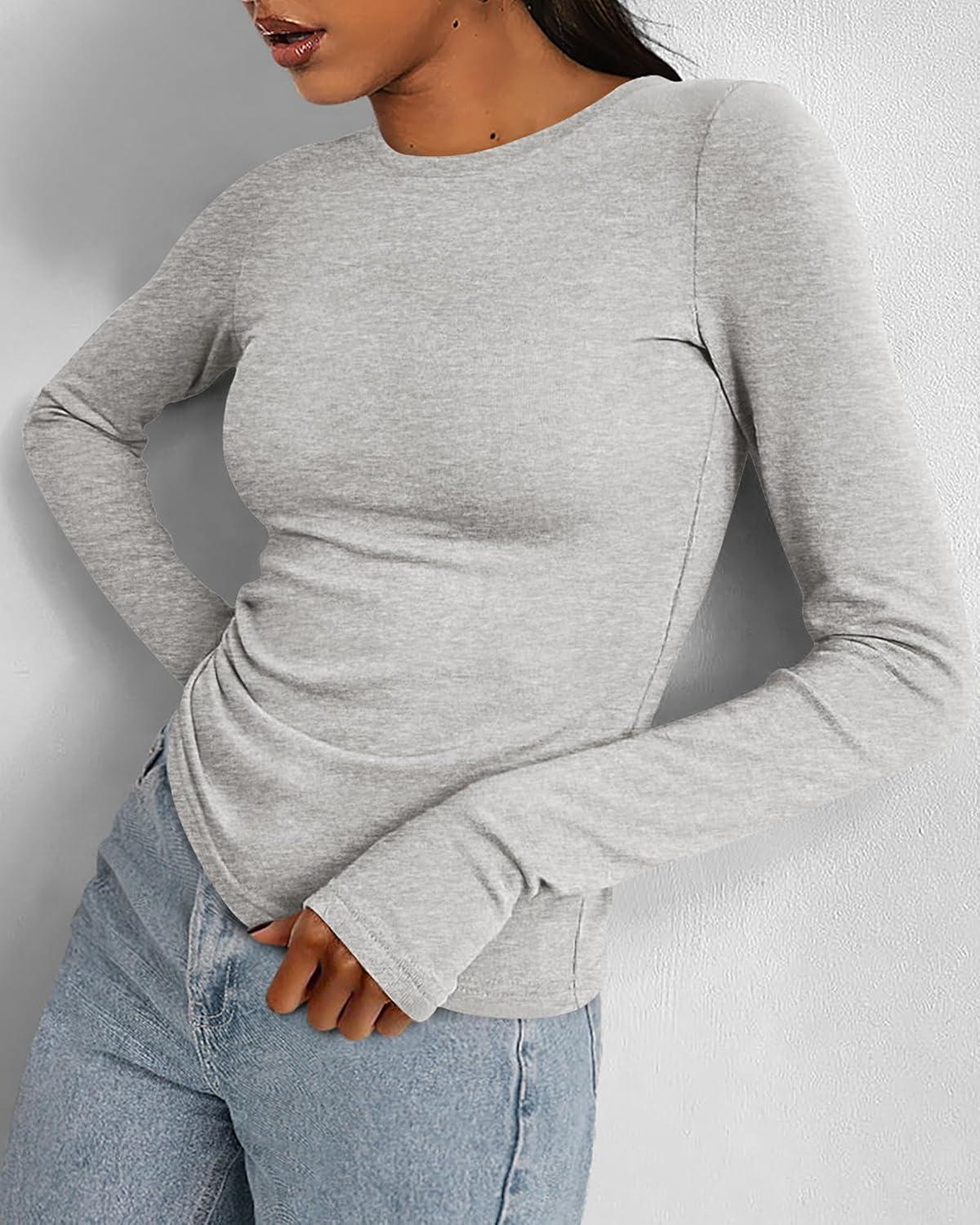 imageBTFBM Womens Tops 2025 Fall Outfits Long Sleeve Shirts Crewneck Work Blouses Stretchy Slim Fit Going Out Top WorkoutLight Grey