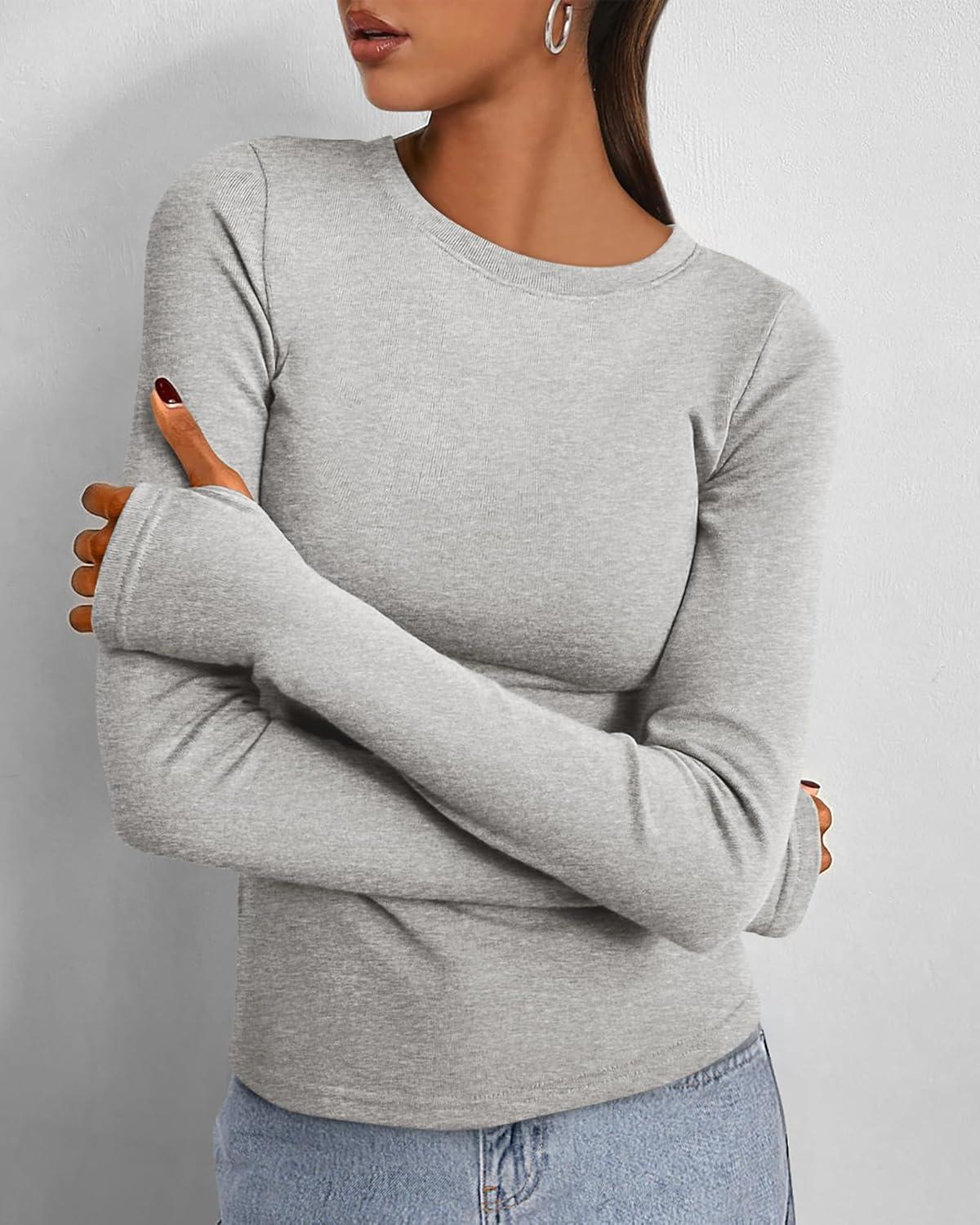 imageBTFBM Womens Tops 2025 Fall Outfits Long Sleeve Shirts Crewneck Work Blouses Stretchy Slim Fit Going Out Top WorkoutLight Grey