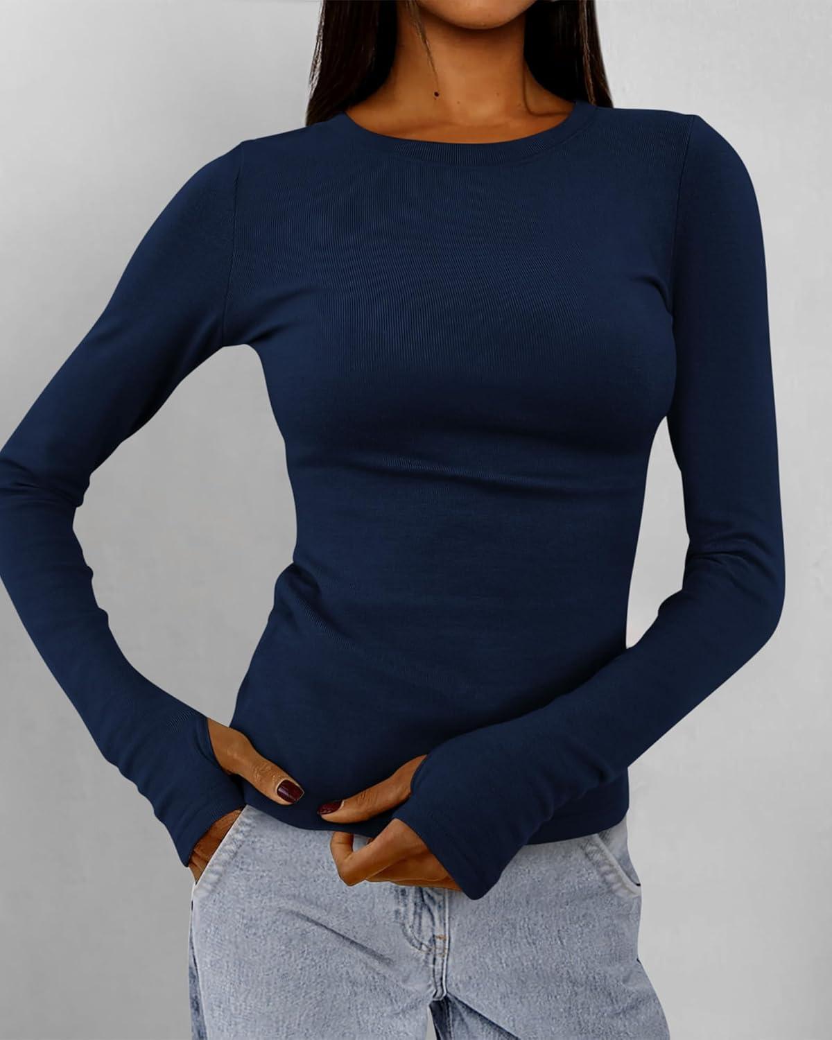 imageBTFBM Womens Tops 2025 Fall Outfits Long Sleeve Shirts Crewneck Work Blouses Stretchy Slim Fit Going Out Top WorkoutNavy
