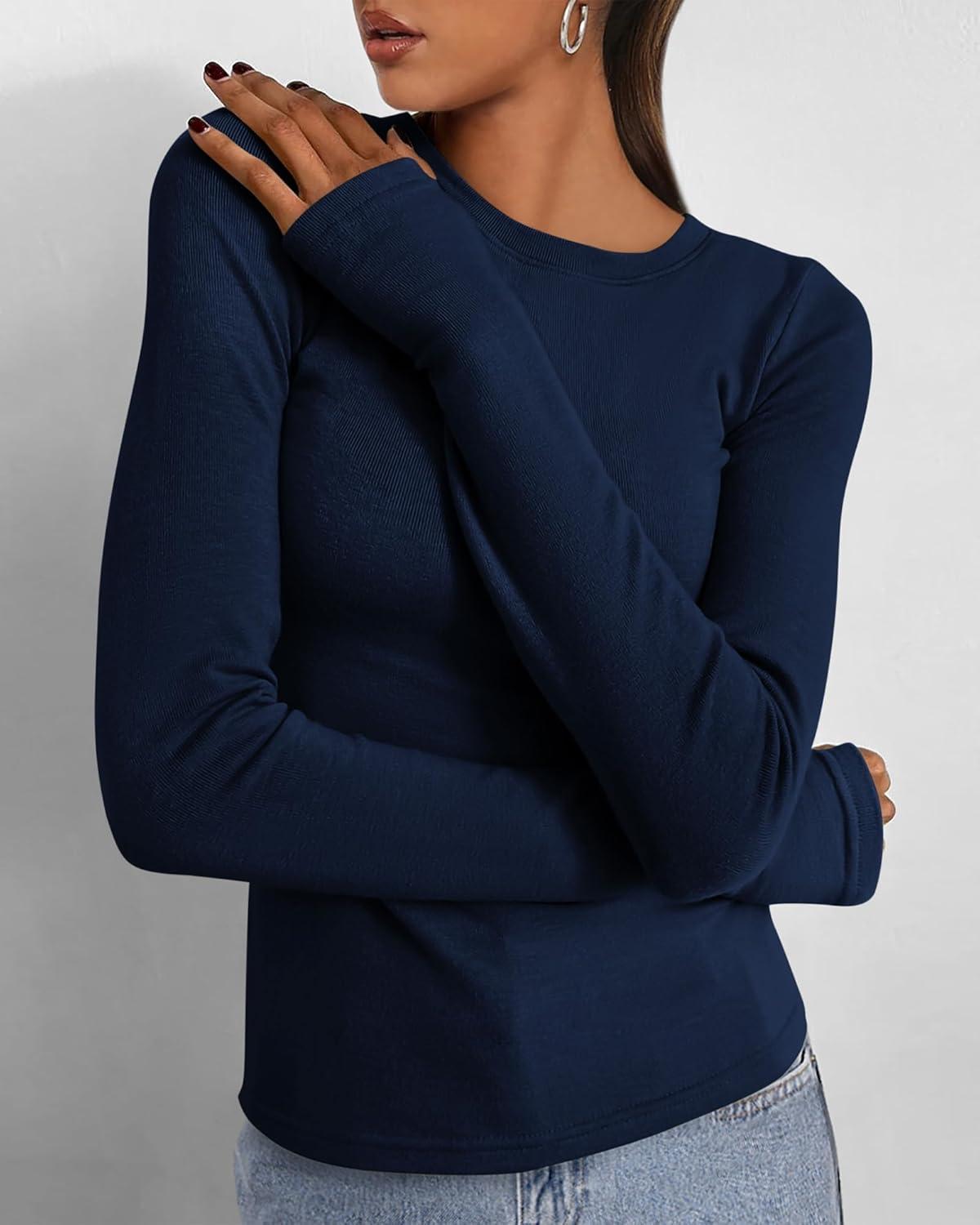 imageBTFBM Womens Tops 2025 Fall Outfits Long Sleeve Shirts Crewneck Work Blouses Stretchy Slim Fit Going Out Top WorkoutNavy