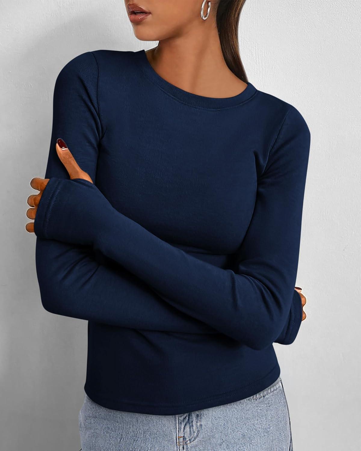 imageBTFBM Womens Tops 2025 Fall Outfits Long Sleeve Shirts Crewneck Work Blouses Stretchy Slim Fit Going Out Top WorkoutNavy