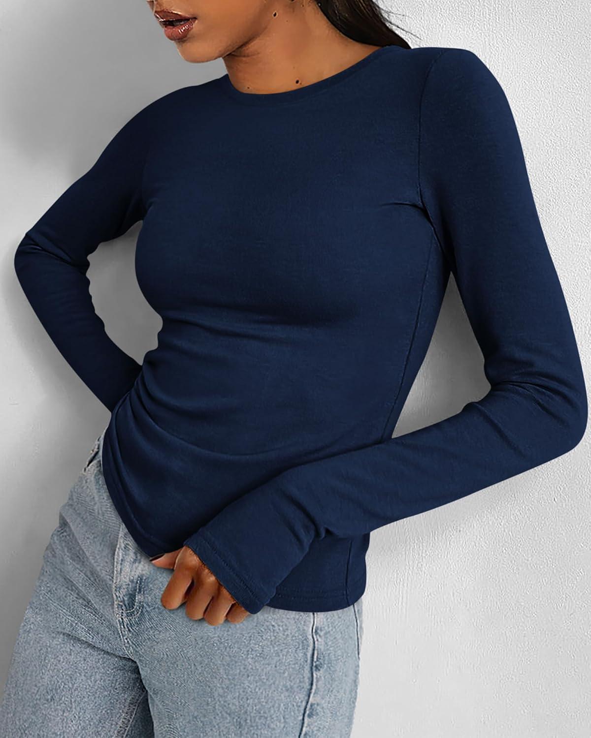 imageBTFBM Womens Tops 2025 Fall Outfits Long Sleeve Shirts Crewneck Work Blouses Stretchy Slim Fit Going Out Top WorkoutNavy