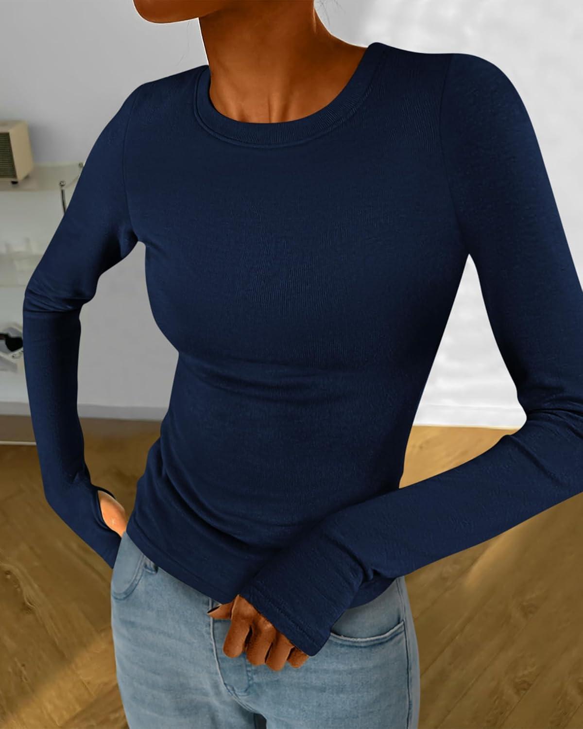 imageBTFBM Womens Tops 2025 Fall Outfits Long Sleeve Shirts Crewneck Work Blouses Stretchy Slim Fit Going Out Top WorkoutNavy