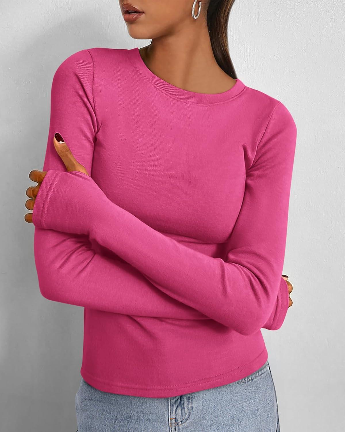 imageBTFBM Womens Tops 2025 Fall Outfits Long Sleeve Shirts Crewneck Work Blouses Stretchy Slim Fit Going Out Top WorkoutRose Red