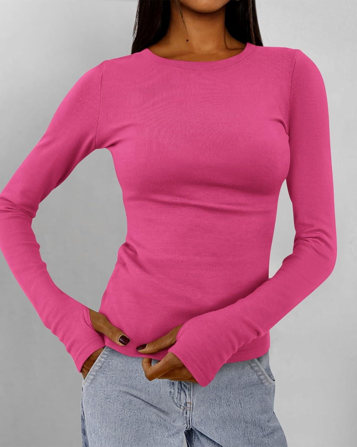 imageBTFBM Womens Tops 2025 Fall Outfits Long Sleeve Shirts Crewneck Work Blouses Stretchy Slim Fit Going Out Top WorkoutRose Red