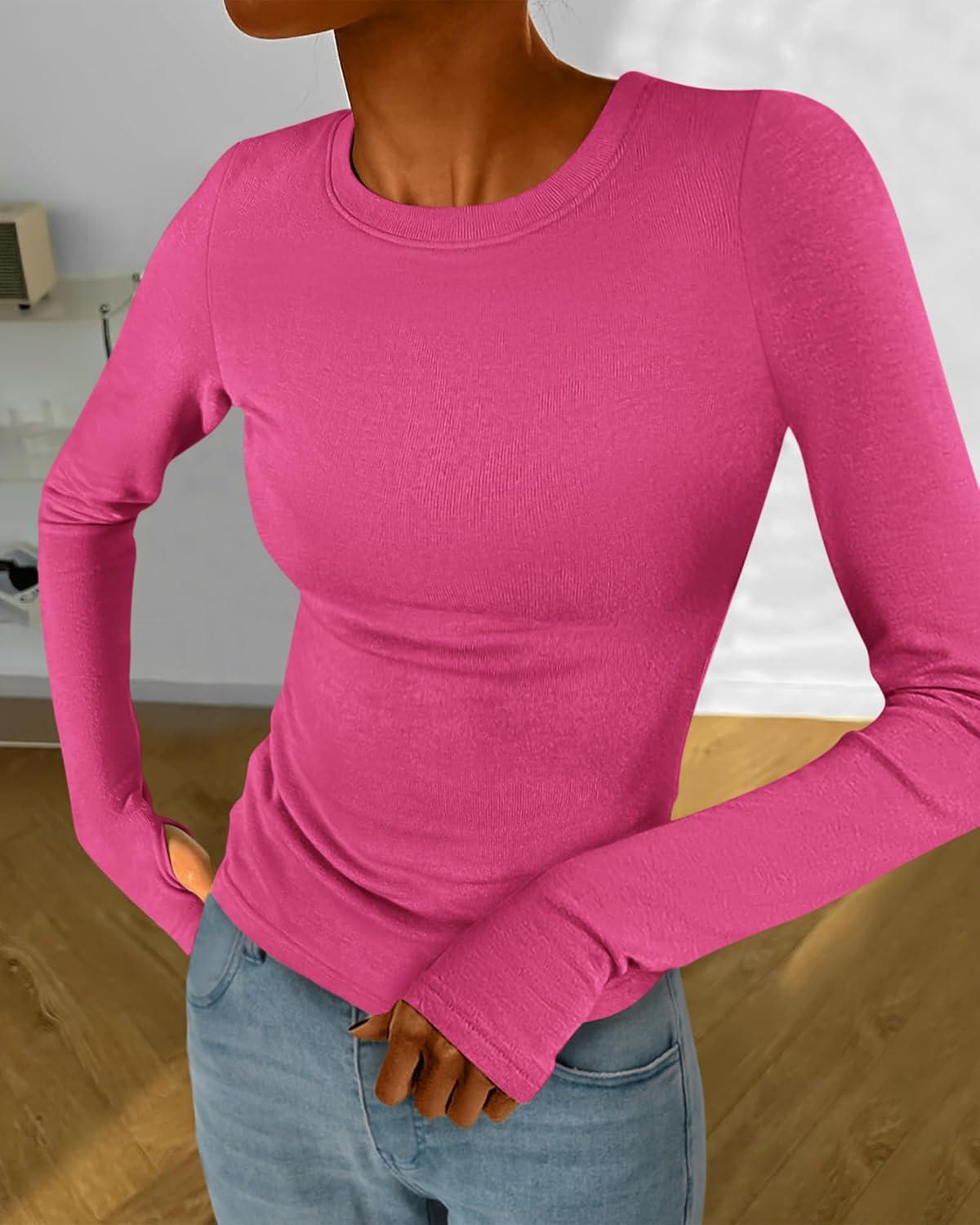 imageBTFBM Womens Tops 2025 Fall Outfits Long Sleeve Shirts Crewneck Work Blouses Stretchy Slim Fit Going Out Top WorkoutRose Red