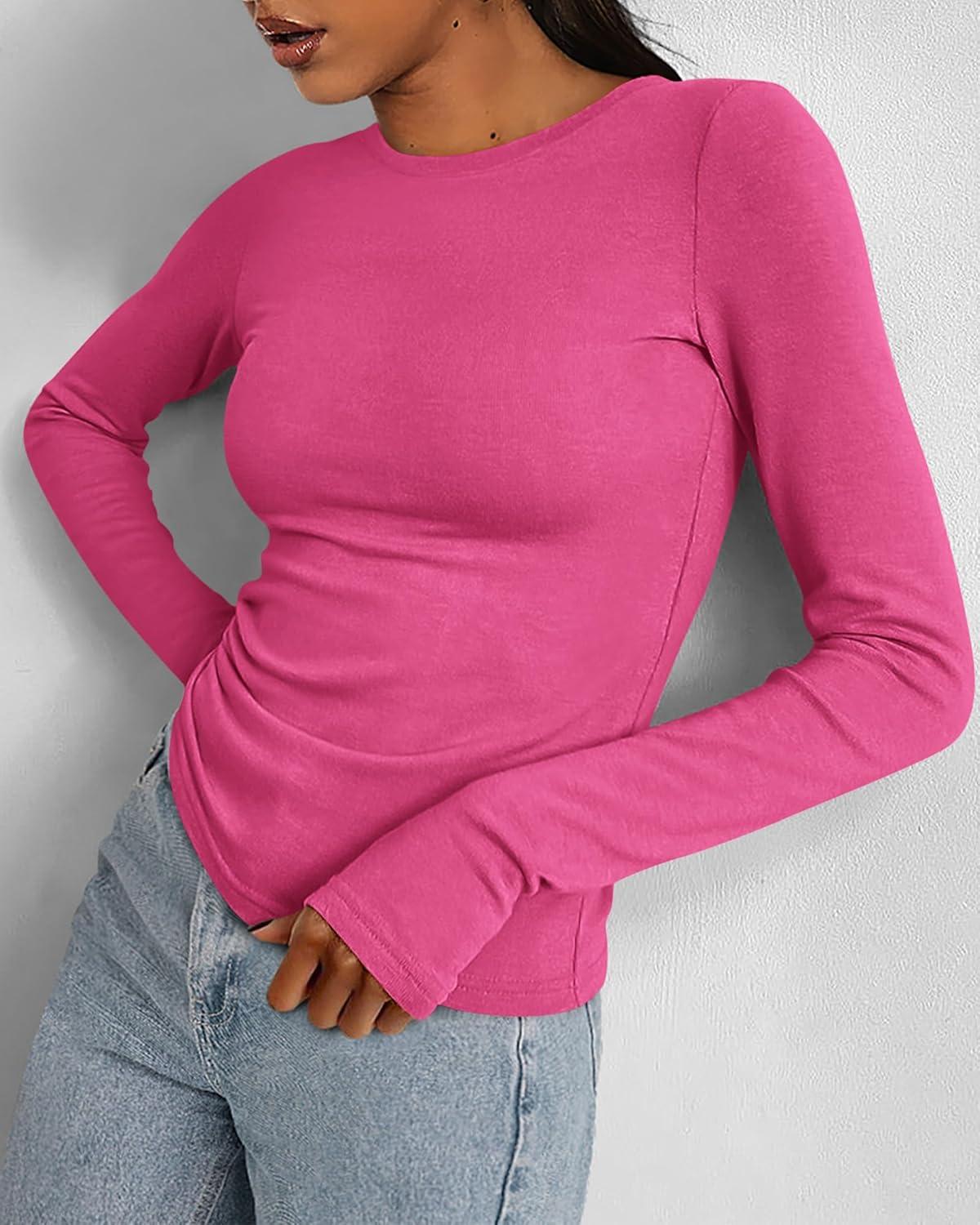 imageBTFBM Womens Tops 2025 Fall Outfits Long Sleeve Shirts Crewneck Work Blouses Stretchy Slim Fit Going Out Top WorkoutRose Red