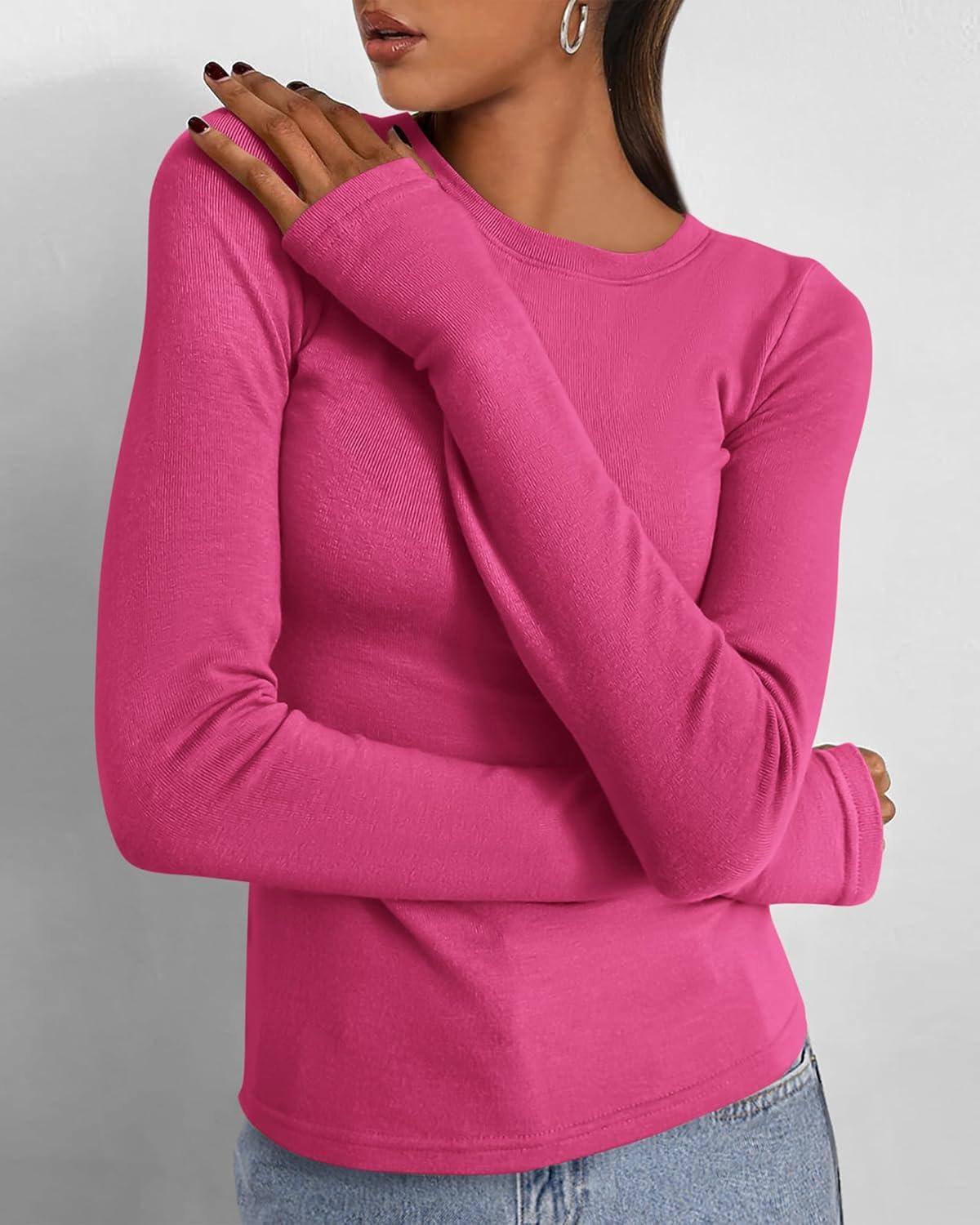 imageBTFBM Womens Tops 2025 Fall Outfits Long Sleeve Shirts Crewneck Work Blouses Stretchy Slim Fit Going Out Top WorkoutRose Red