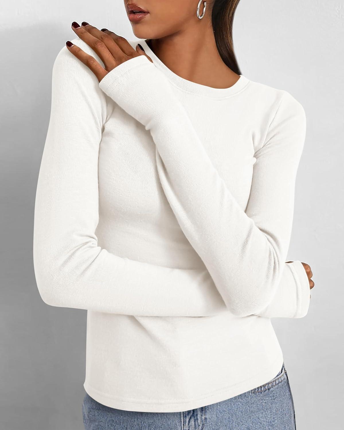 imageBTFBM Womens Tops 2025 Fall Outfits Long Sleeve Shirts Crewneck Work Blouses Stretchy Slim Fit Going Out Top WorkoutWhite