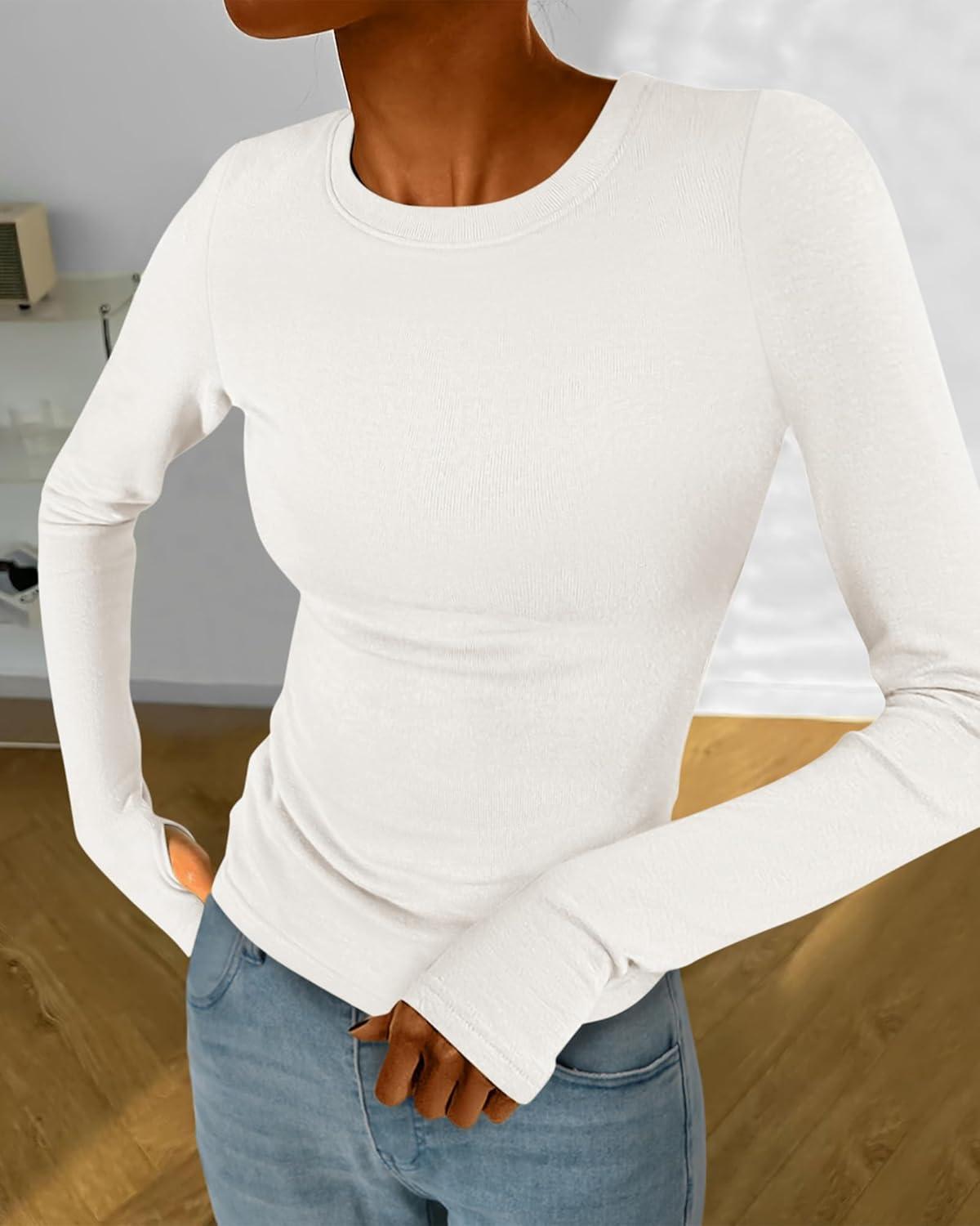 imageBTFBM Womens Tops 2025 Fall Outfits Long Sleeve Shirts Crewneck Work Blouses Stretchy Slim Fit Going Out Top WorkoutWhite