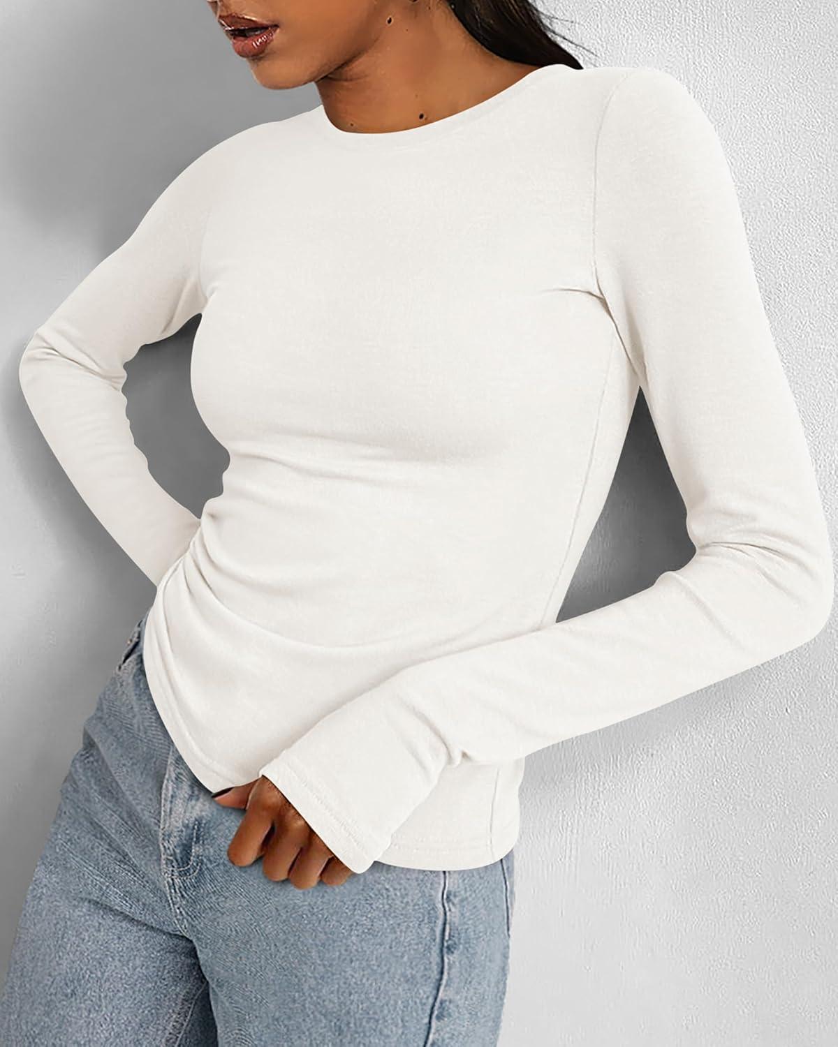 imageBTFBM Womens Tops 2025 Fall Outfits Long Sleeve Shirts Crewneck Work Blouses Stretchy Slim Fit Going Out Top WorkoutWhite