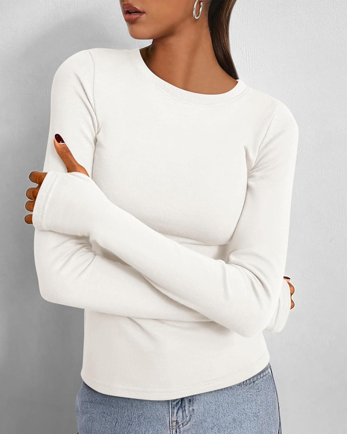 imageBTFBM Womens Tops 2025 Fall Outfits Long Sleeve Shirts Crewneck Work Blouses Stretchy Slim Fit Going Out Top WorkoutWhite