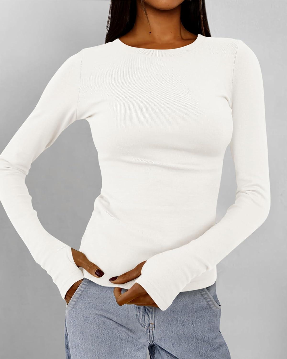 imageBTFBM Womens Tops 2025 Fall Outfits Long Sleeve Shirts Crewneck Work Blouses Stretchy Slim Fit Going Out Top WorkoutWhite