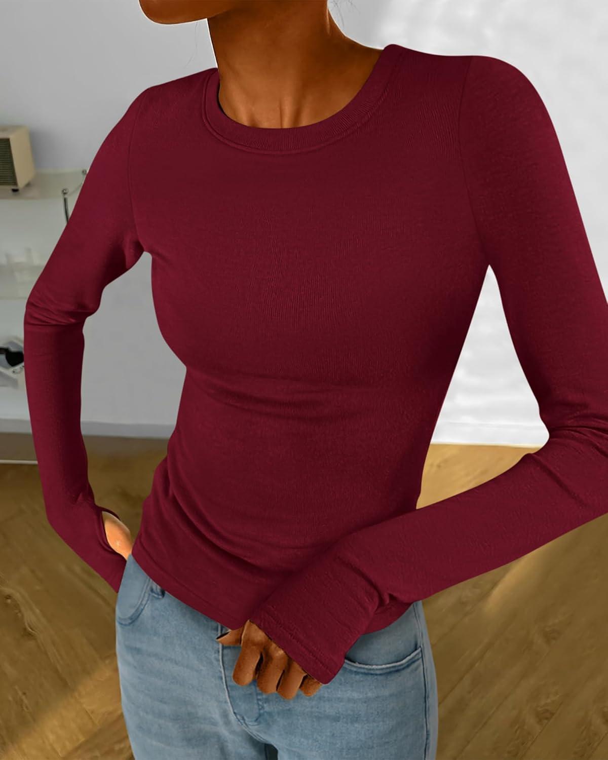 imageBTFBM Womens Tops 2025 Fall Outfits Long Sleeve Shirts Crewneck Work Blouses Stretchy Slim Fit Going Out Top WorkoutWine Red