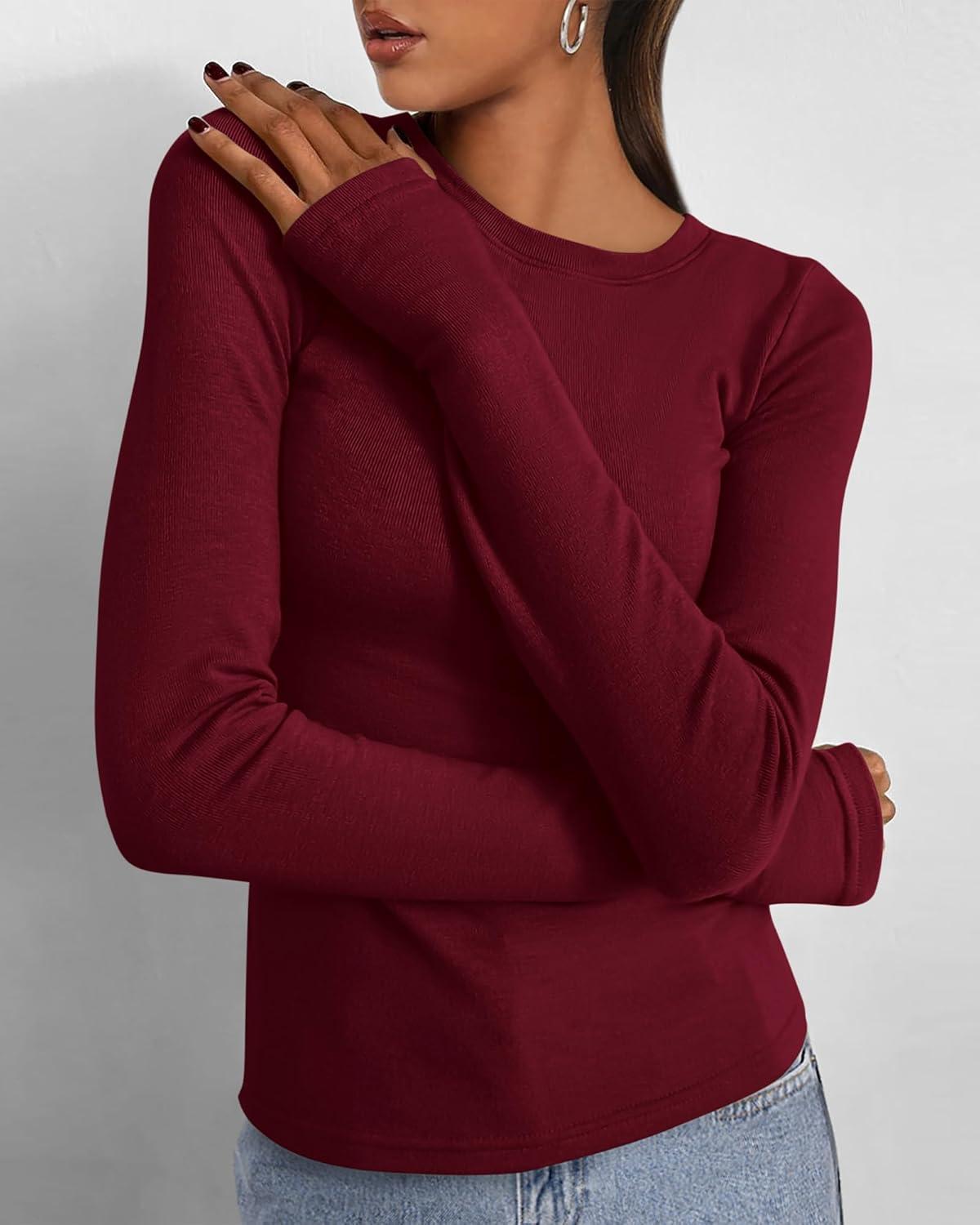 imageBTFBM Womens Tops 2025 Fall Outfits Long Sleeve Shirts Crewneck Work Blouses Stretchy Slim Fit Going Out Top WorkoutWine Red
