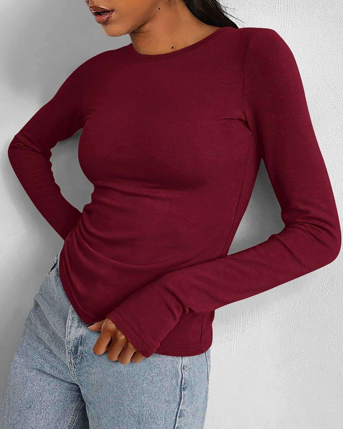 imageBTFBM Womens Tops 2025 Fall Outfits Long Sleeve Shirts Crewneck Work Blouses Stretchy Slim Fit Going Out Top WorkoutWine Red