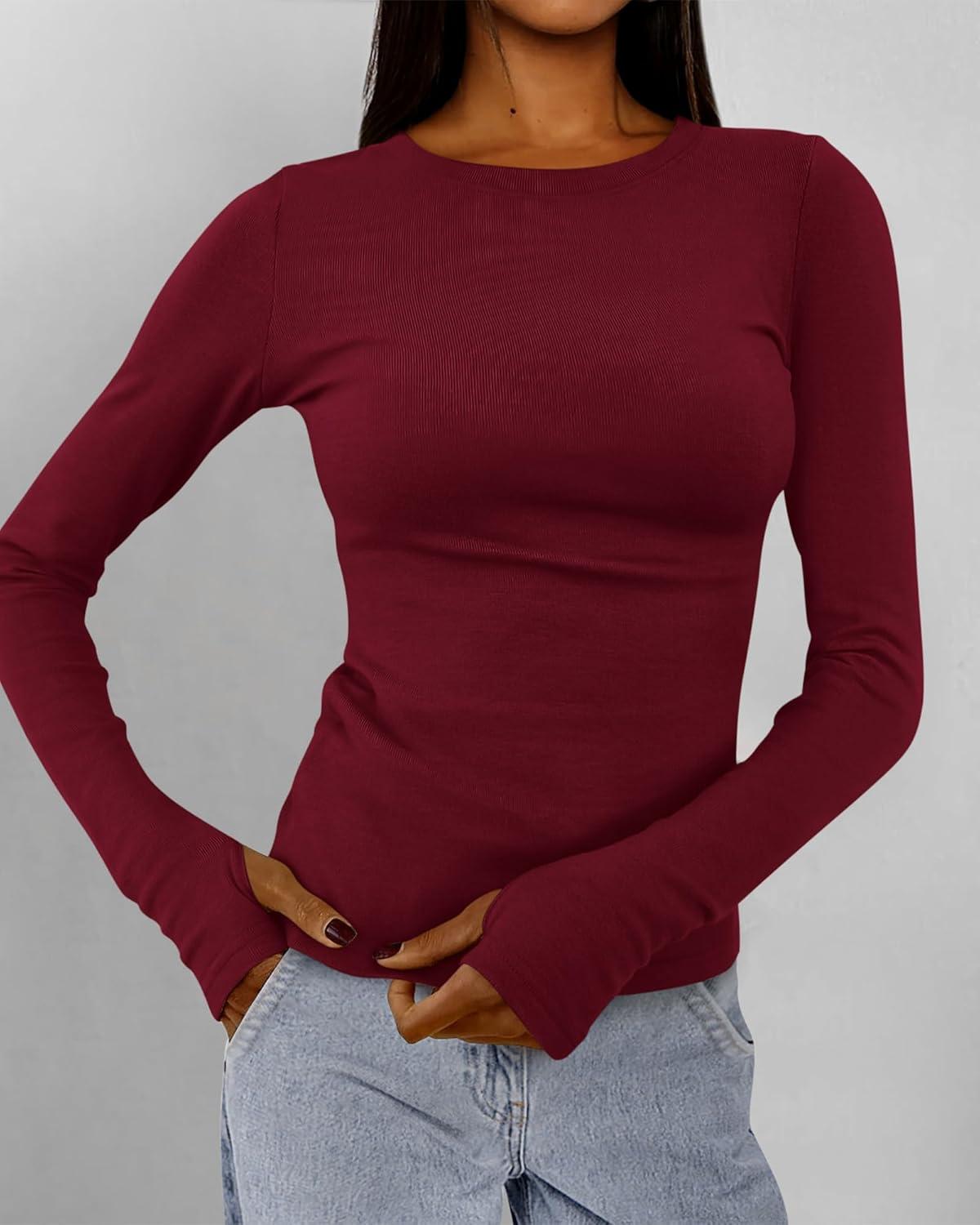 imageBTFBM Womens Tops 2025 Fall Outfits Long Sleeve Shirts Crewneck Work Blouses Stretchy Slim Fit Going Out Top WorkoutWine Red