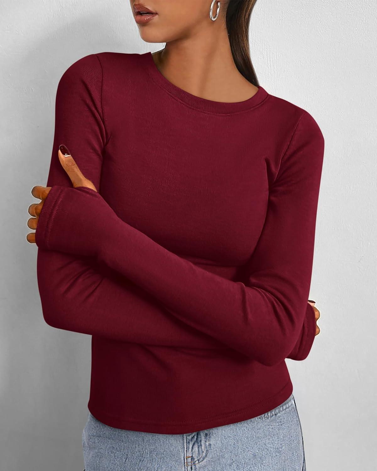 imageBTFBM Womens Tops 2025 Fall Outfits Long Sleeve Shirts Crewneck Work Blouses Stretchy Slim Fit Going Out Top WorkoutWine Red