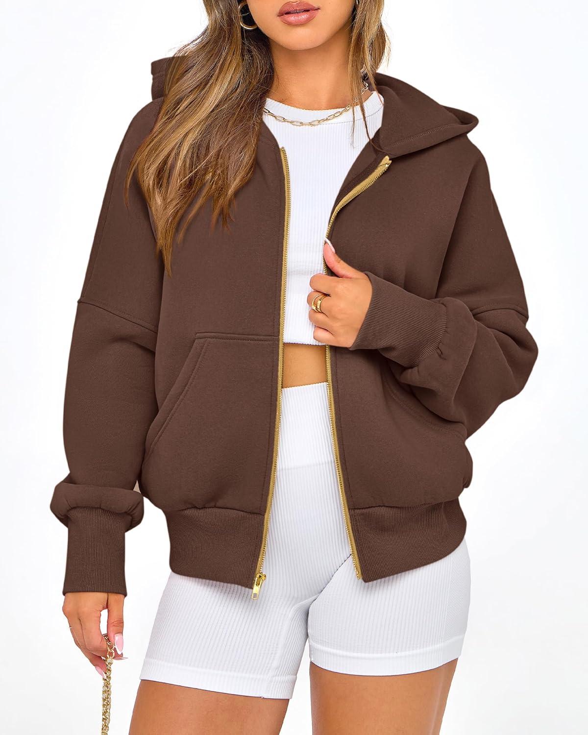 imageBTFBM Zip Up Hoodie Women Long Sleeve Fall Fashion Sweatshirt Fleece Y2K Hooded Jacket 2025 Trendy Winter ClothesDark Coffee