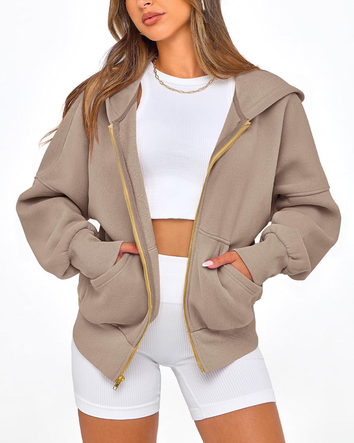 imageBTFBM Zip Up Hoodie Women Long Sleeve Fall Fashion Sweatshirt Fleece Y2K Hooded Jacket 2025 Trendy Winter ClothesGrey Khaki