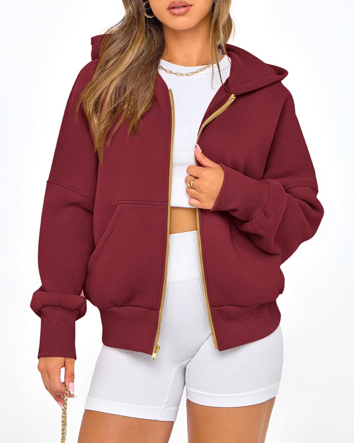 imageBTFBM Zip Up Hoodie Women Long Sleeve Fall Fashion Sweatshirt Fleece Y2K Hooded Jacket 2025 Trendy Winter ClothesWine Red