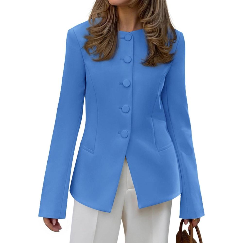 imageBTFBM Blazers for Women Business Casual Open Front Long Sleeve Button Work Office Suit Jackets Dressy Blazer PocketsBlue