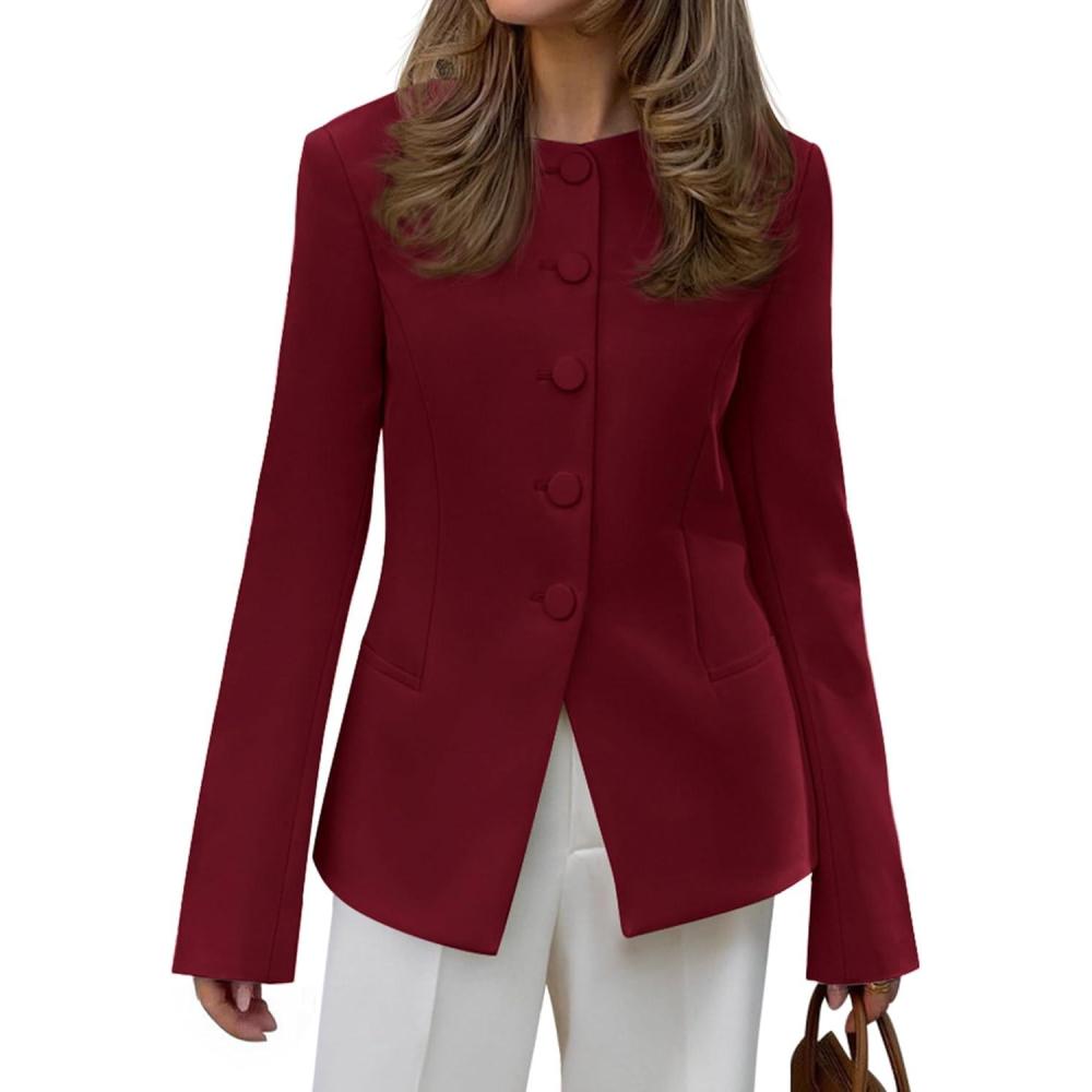 imageBTFBM Blazers for Women Business Casual Open Front Long Sleeve Button Work Office Suit Jackets Dressy Blazer PocketsBurgundy