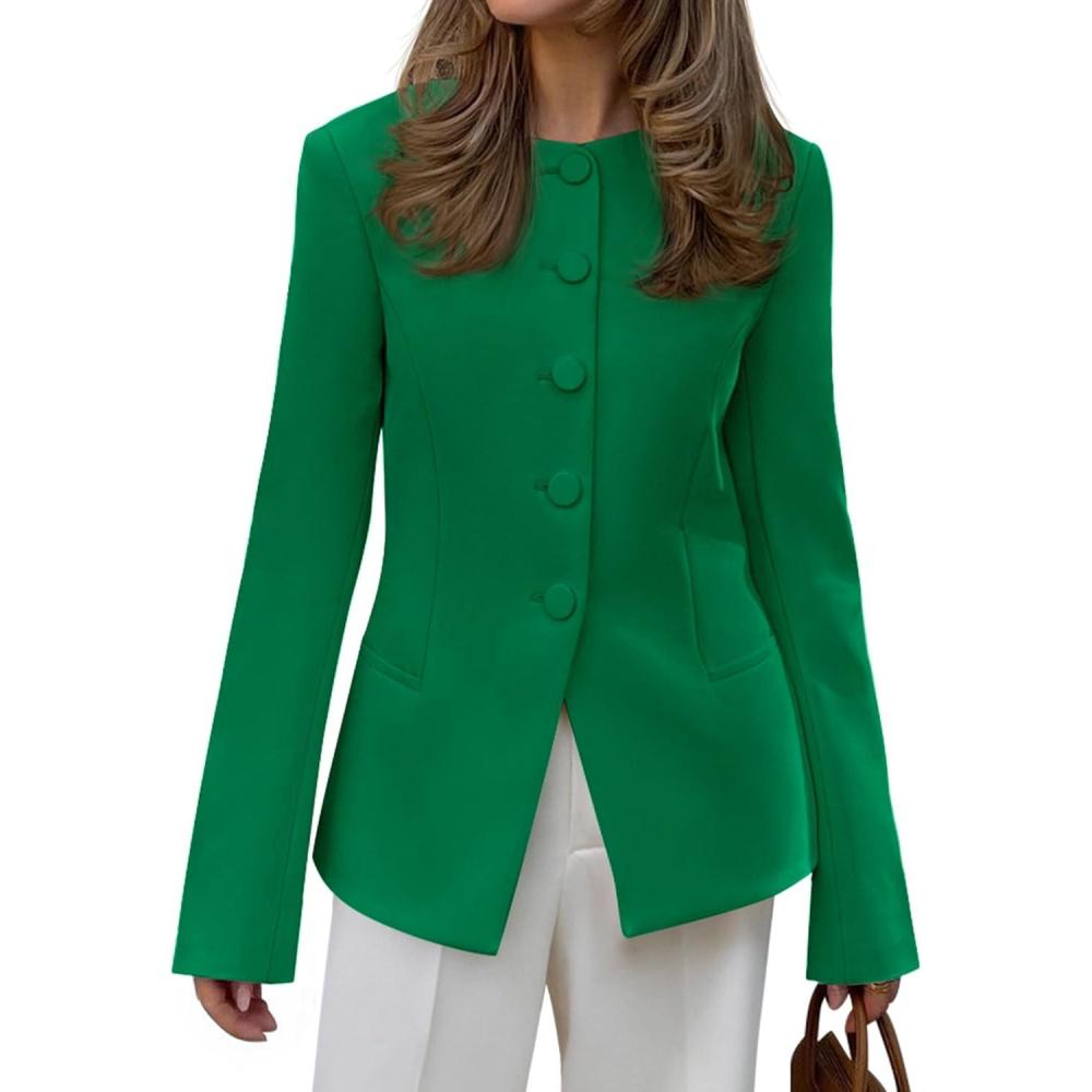 imageBTFBM Blazers for Women Business Casual Open Front Long Sleeve Button Work Office Suit Jackets Dressy Blazer PocketsGreen