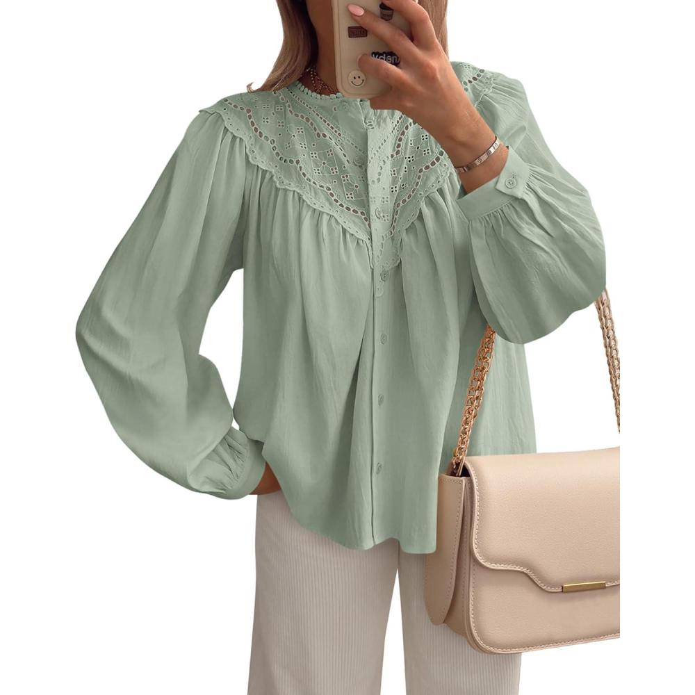 imageBTFBM Blouses for Women Dressy Casual Fall Clothes 2025 Long Sleeve Tops Lace Flowy Babydoll Button Down ShirtsLight Green