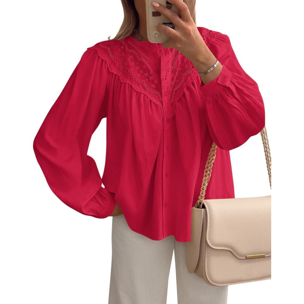 imageBTFBM Blouses for Women Dressy Casual Fall Clothes 2025 Long Sleeve Tops Lace Flowy Babydoll Button Down ShirtsRed