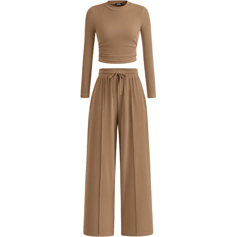 imageBTFBM Casual 2 Piece Sets For Women Fall Outfits 2025 Ribbed Long Sleeve Crop Top Wide Leg Pants Matching Lounge SetCamel