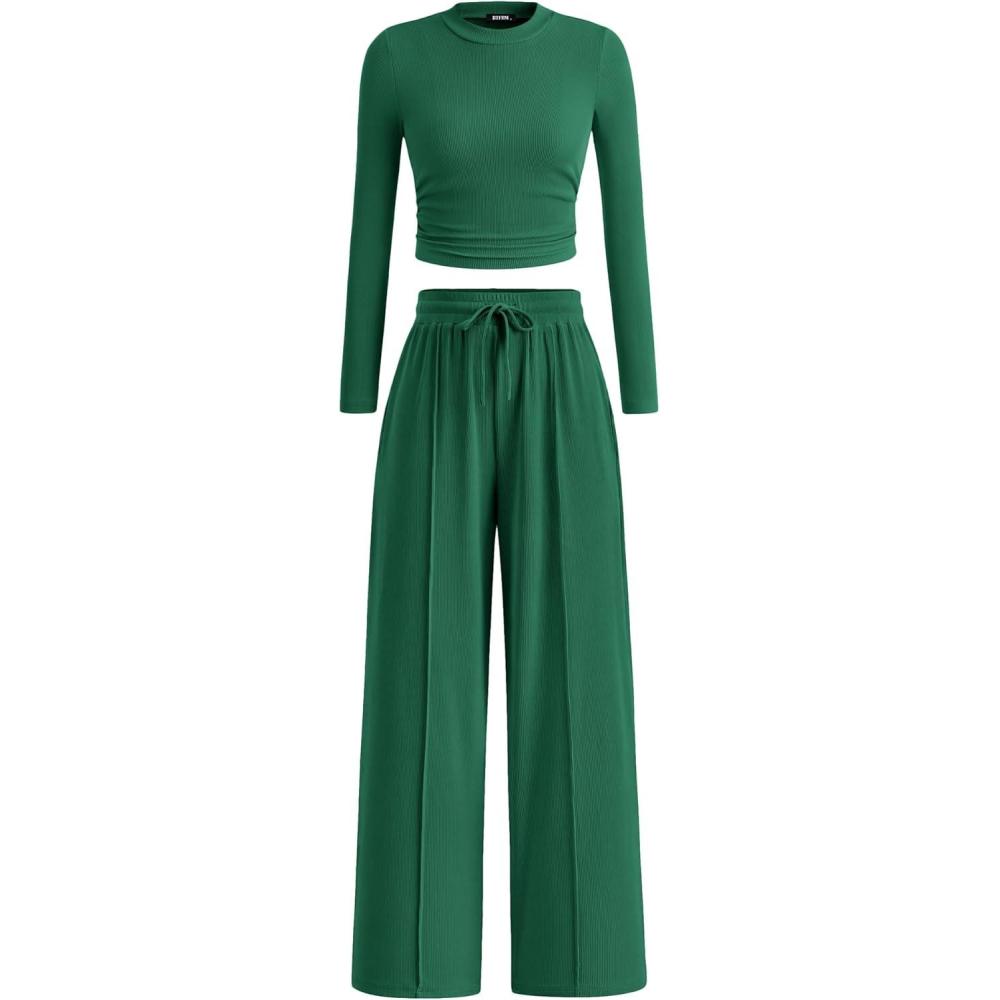 imageBTFBM Casual 2 Piece Sets For Women Fall Outfits 2025 Ribbed Long Sleeve Crop Top Wide Leg Pants Matching Lounge SetDark Green