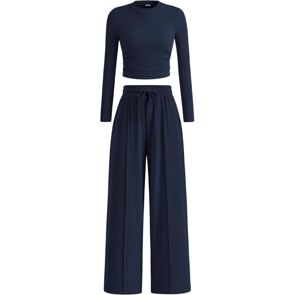 imageBTFBM Casual 2 Piece Sets For Women Fall Outfits 2025 Ribbed Long Sleeve Crop Top Wide Leg Pants Matching Lounge SetNavy