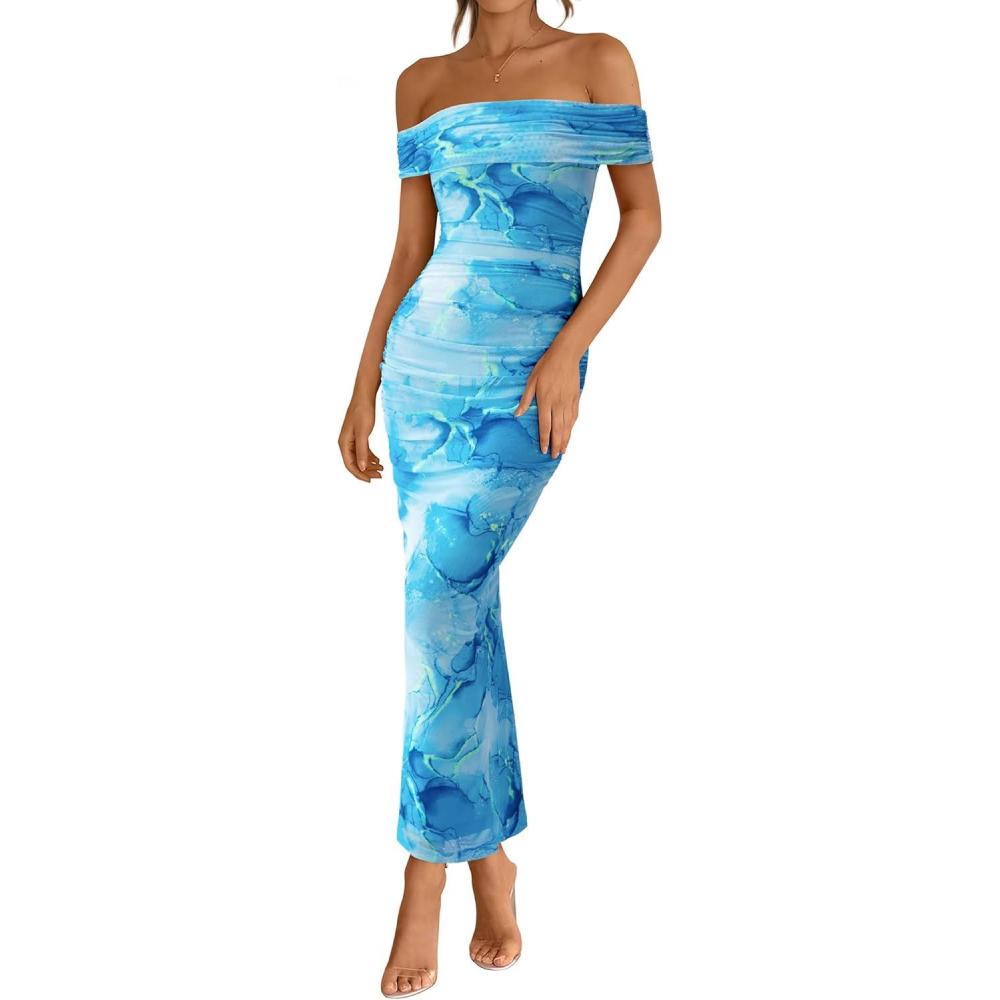 imageBTFBM Cocktail Dresses for Women 2025 Summer Off Shoulder Bodycon Ruched Mesh Back Slit Floral Maxi Dress Fall FashionFloral Light Blue