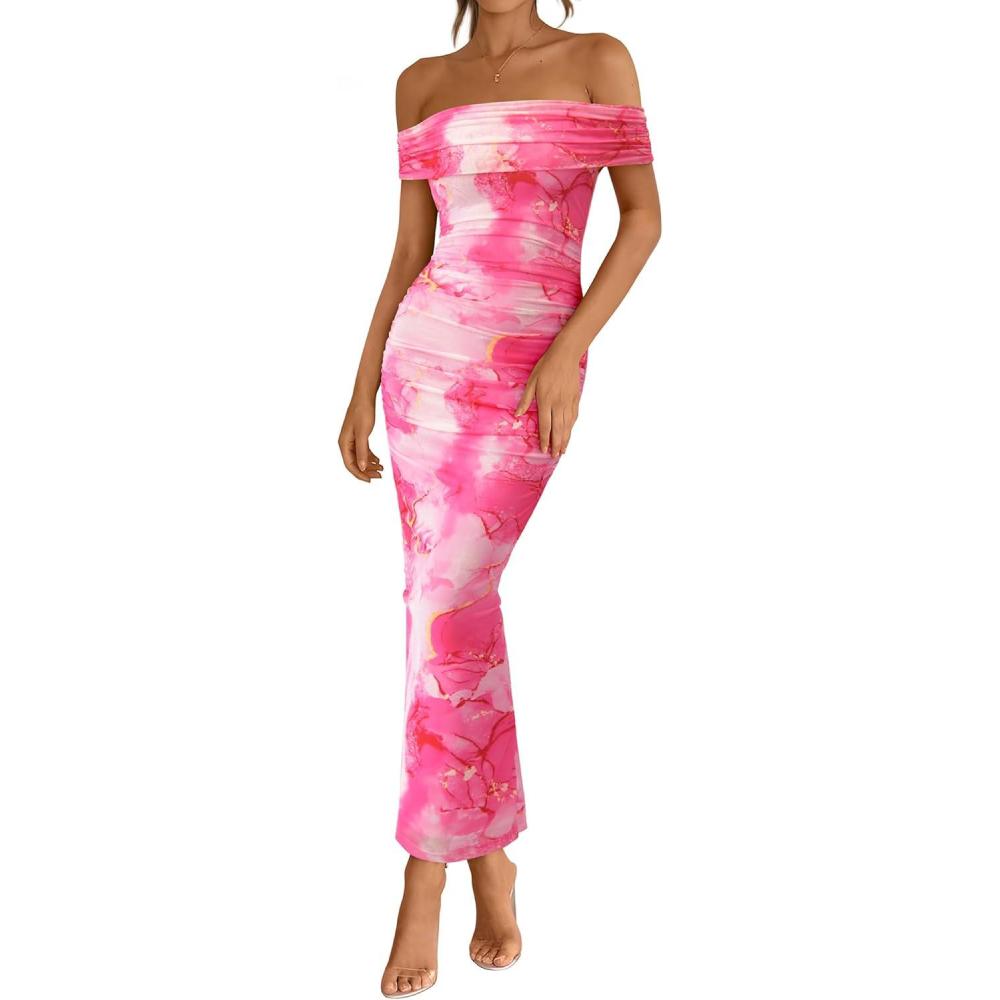 imageBTFBM Cocktail Dresses for Women 2025 Summer Off Shoulder Bodycon Ruched Mesh Back Slit Floral Maxi Dress Fall FashionFloral Pink