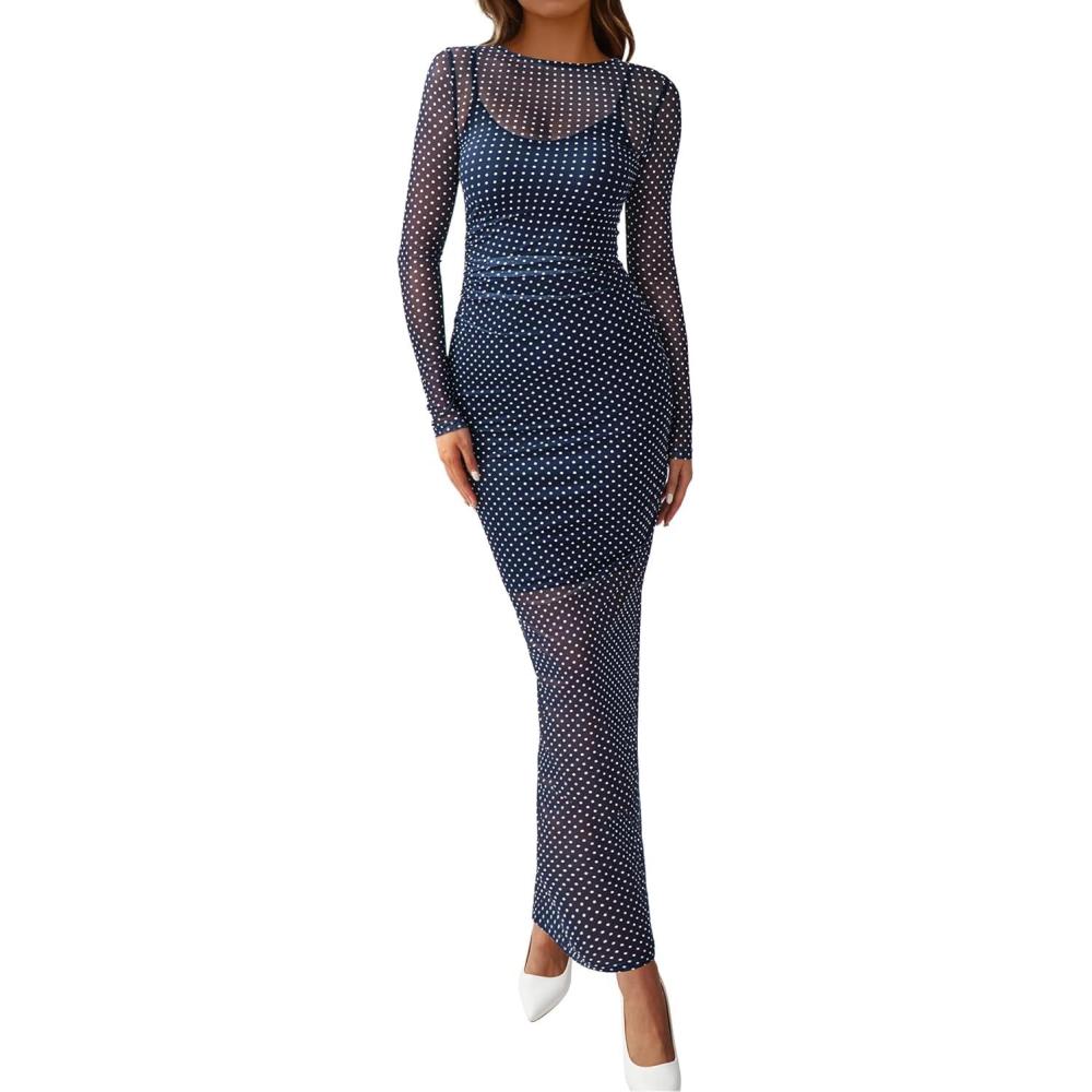 imageBTFBM Fall Dresses for Women 2025 2 Piece Set Long Sleeve Polka Dot Sexy Bodycon Mesh Dress and Slip Dress Party WeddingSmall Dot Navy White