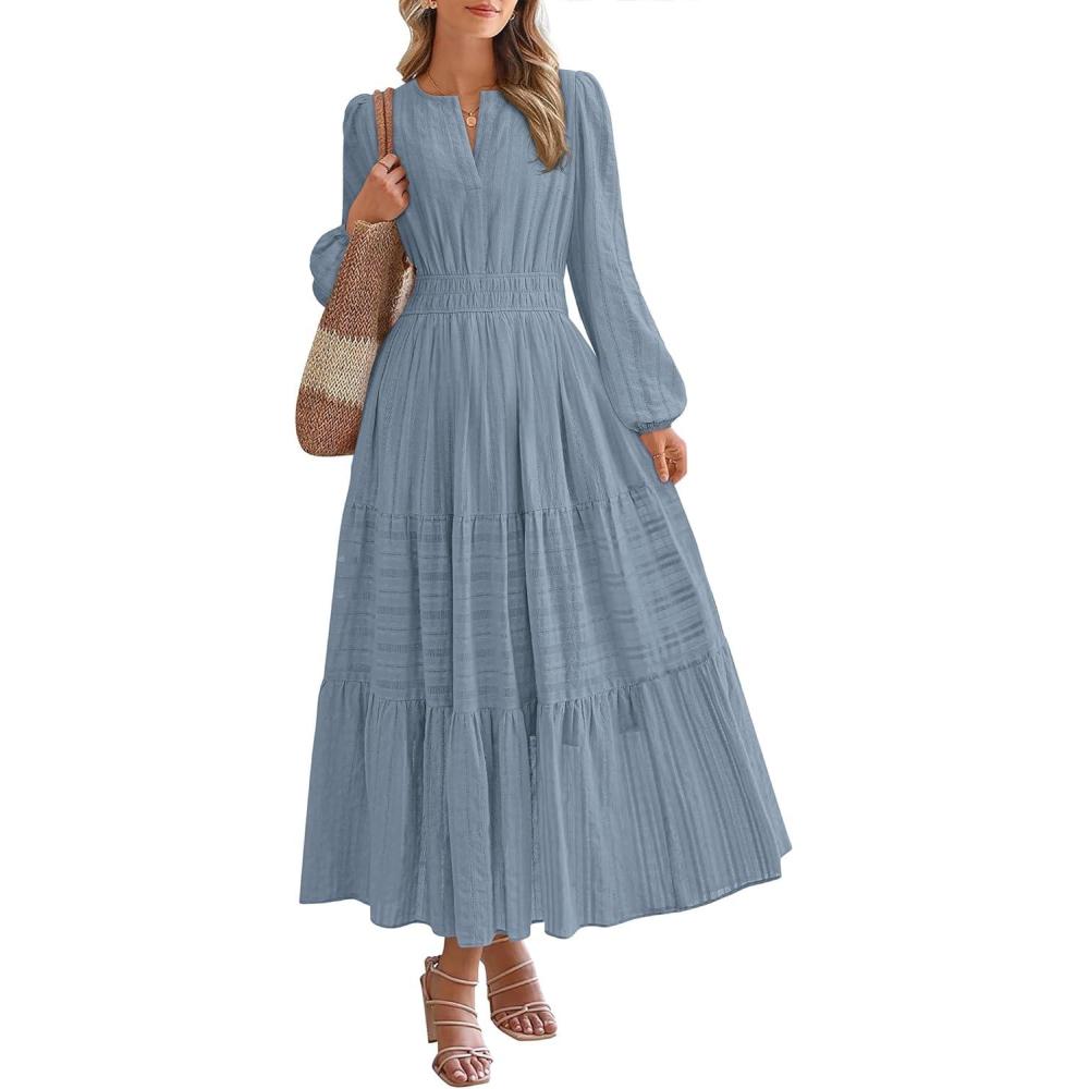imageBTFBM Fall Dresses for Women 2025 Casual Long Sleeve V Neck Elastic Waist Lightweight Maxi Wedding Guest Dress PocketsBlue Grey