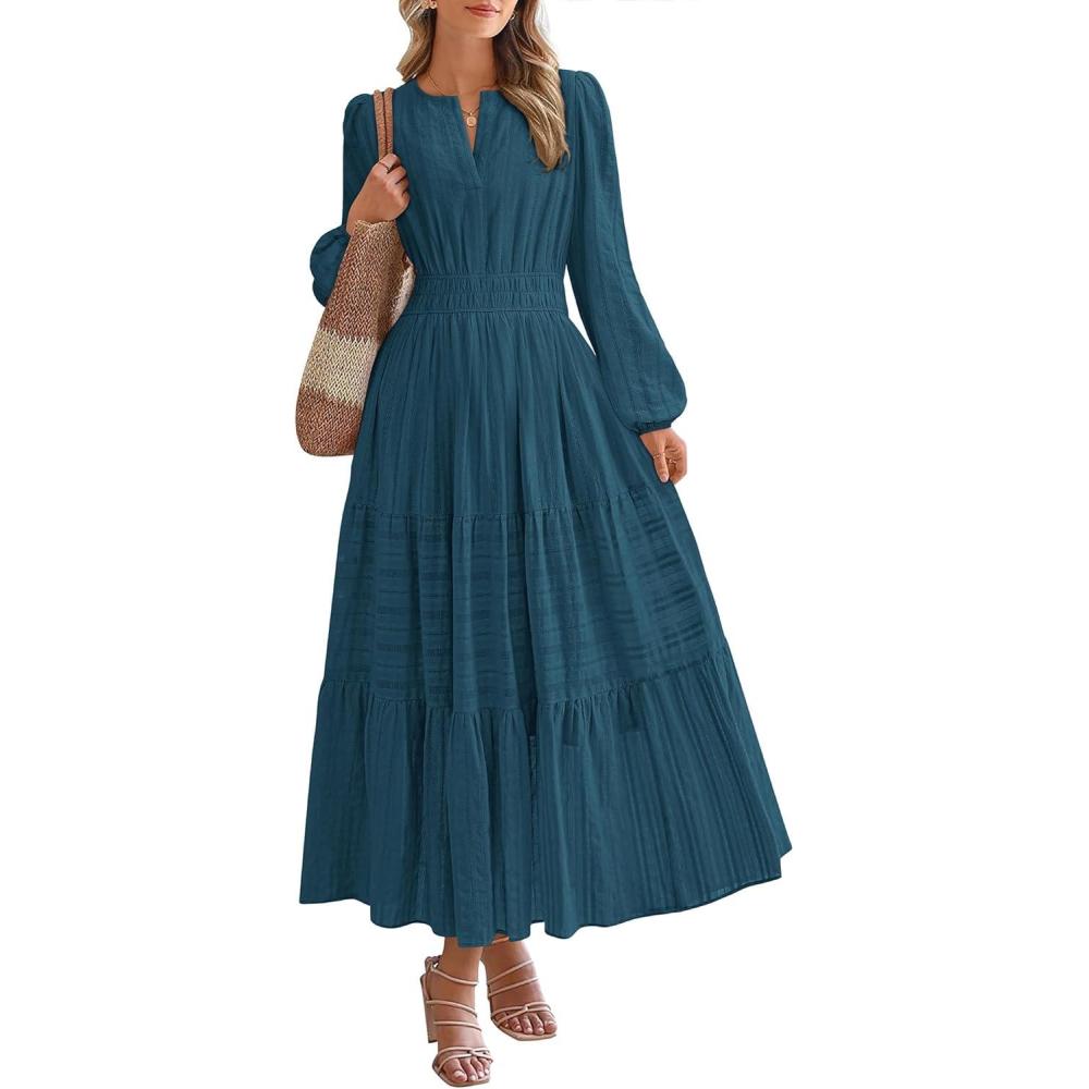 imageBTFBM Fall Dresses for Women 2025 Casual Long Sleeve V Neck Elastic Waist Lightweight Maxi Wedding Guest Dress PocketsLake Blue