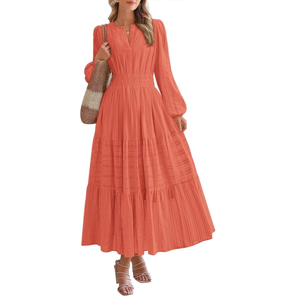 imageBTFBM Fall Dresses for Women 2025 Casual Long Sleeve V Neck Elastic Waist Lightweight Maxi Wedding Guest Dress PocketsOrange