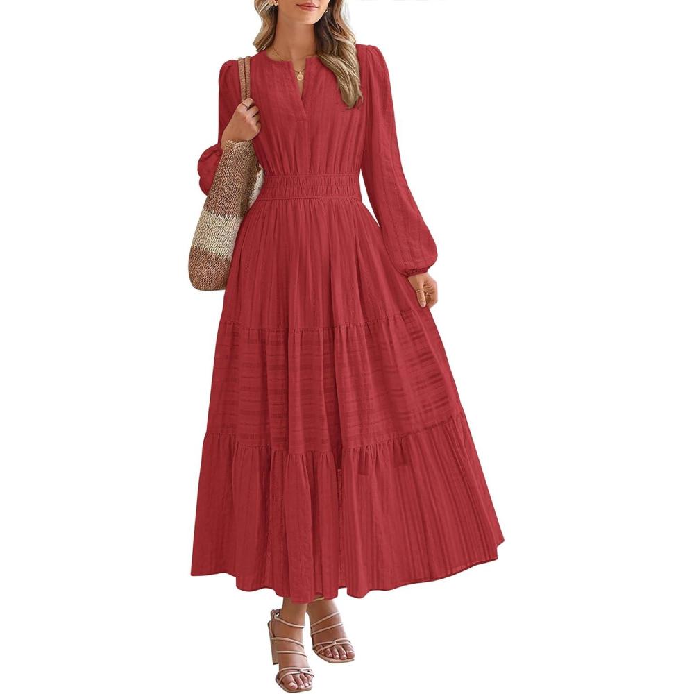 imageBTFBM Fall Dresses for Women 2025 Casual Long Sleeve V Neck Elastic Waist Lightweight Maxi Wedding Guest Dress PocketsRed