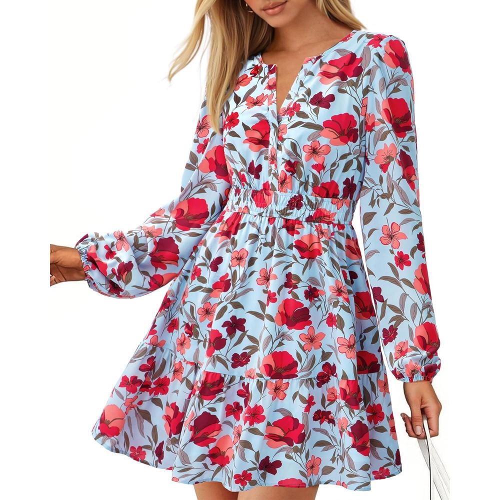imageBTFBM Fall Dresses for Women 2025 Long Sleeve Elastic Waist Mini Wedding Guest Dress Boho Floral Beach Vacation ClothesBlue Red Flower